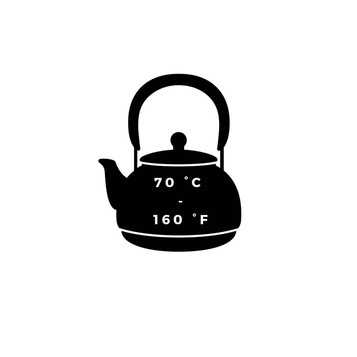 sort ikon af en tekande med temperaturbrygningsinstruktion i grader for 70 grader celsius og 160 grader fahrenheit