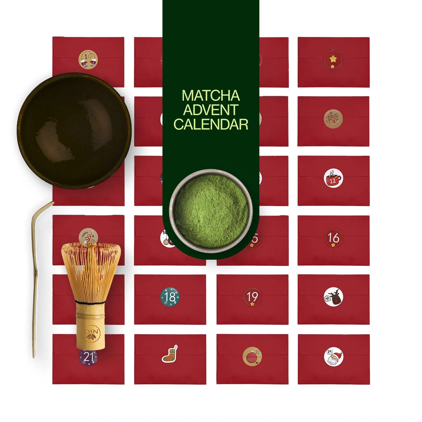 Matcha te-adventskalender 2024 med piskeris, Chawan og Chashaku