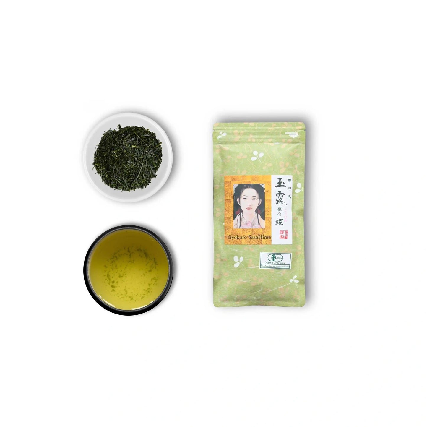 Gyokuro Kagoshima Sasa Hime: Produktemballage, Gyokuro blade og brygget Gyokuro te i en kop