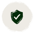 A dark green shield icon with a white checkmark inside, centered on a light beige circular background with a textured brushstroke border.