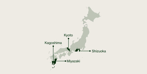 A minimalist map of Japan on a light beige background, with labeled locations including Kyoto, Shizuoka, Miyazaki, and Kagoshima.