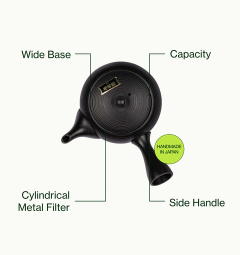 A black bicycle water bottle with callout lines and labels identifying its features: Wide Base, Capacity, Cylindrical Metal Filter, and Side Handle, on a plain light background.